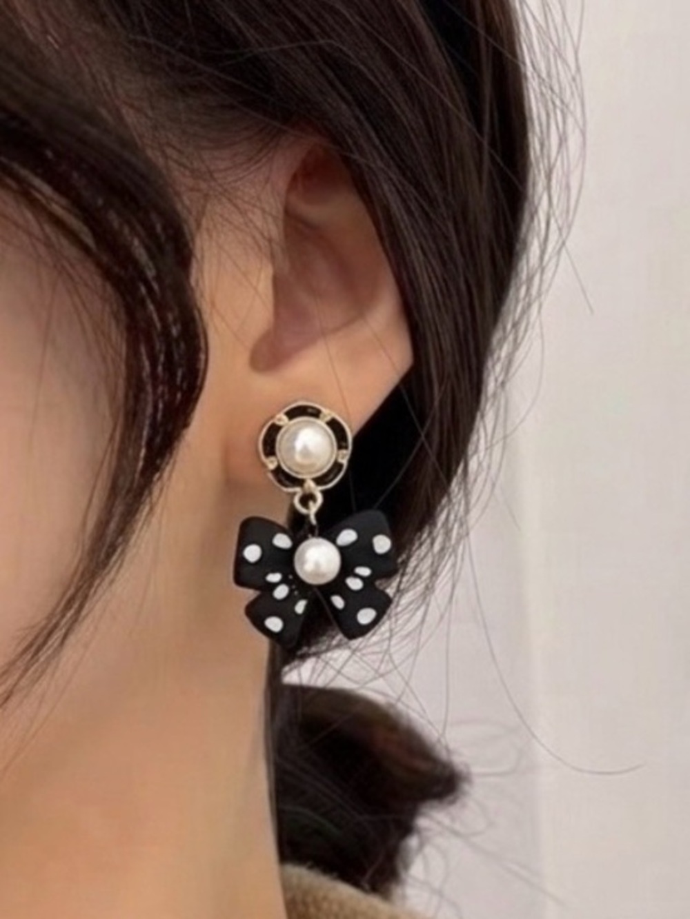 Black White Polka Dot Bow Drop Earrings with Pearl Detail - Picture 1 of 5